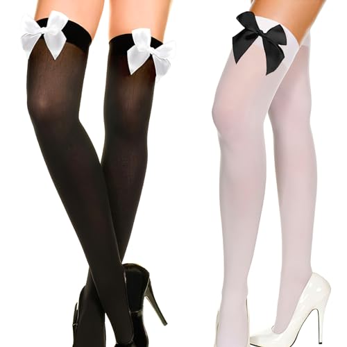 VOSSOT 2Paar Overknees Strümpfe Damen mit Schleife, Thermo Kniestrümpfe Damen Sexy Weiß Schwarz, Overknee Strümpfe Thigh Highs, Overknee Kuschelsocken Lange Kuschelsocken Knielang Kniestrümpfe Mädchen von VOSSOT