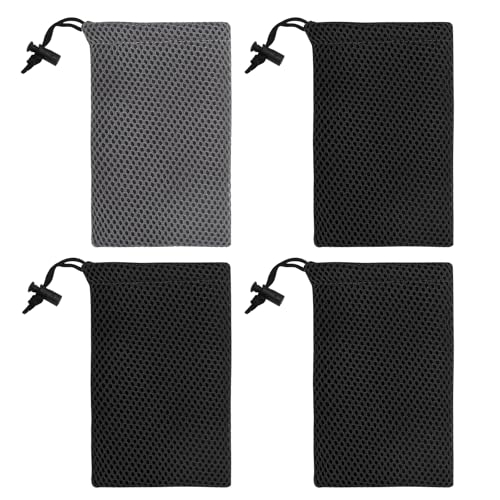 VOSSOT Kordelzug Netzbeutel 4 Stück Set, 10x15.5cm Kleine Dicke Aufbewahrungstasche mit Zugband aus Polyester, Praktische Mesh Tasche für Smartphone Beutel, Powerbank Tasche, Kopfhörer, Schlüssel von VOSSOT