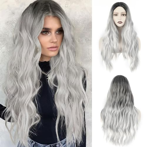VOSSOT Perrücke Frauen Perücke Damen Lang, Perücke Grau Damen Perücke Silber, Stilvoll Komfortabel Ombré Perücken Damen Wig, 26 Zoll Perücke Lang Peruecken Damen für Täglichen Gebrauch Partys Cosplay von VOSSOT