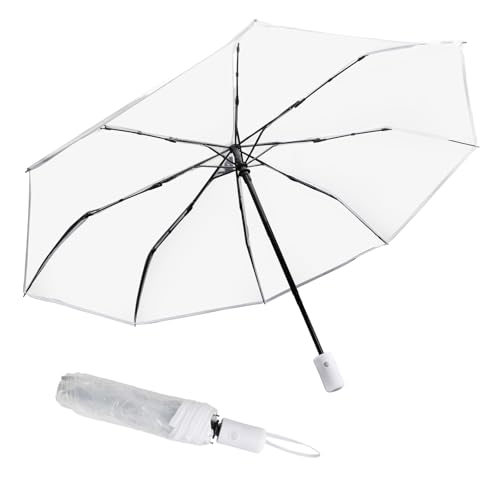 VOSSOT Regenschirm Transparent Automatik - Kompakter Weißer Taschenschirm für Hochzeit & Alltag - Durchsichtiger Winddichter Faltbarer Schirm für Damen Herren Reisen Fotografie von VOSSOT