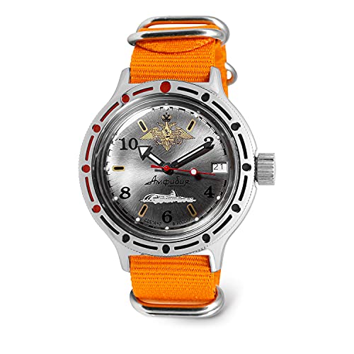 VOSTOK Amphibian 420392 Submarine Automatische Selbstaufziehende 40 mm Taucher-Armbanduhr,WR 200 m,Stahlzifferblatt mechanische Uhr, Orange/Abendrot im Zickzackmuster (Sunset Chevron), Taucher von VOSTOK