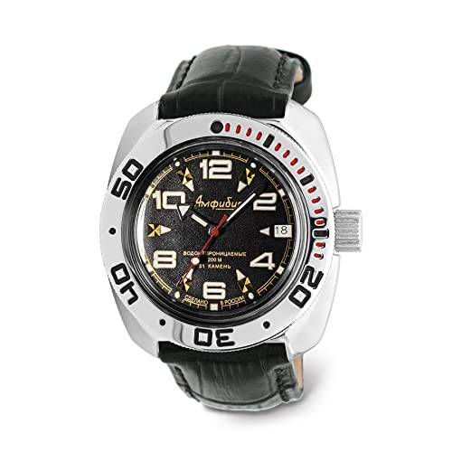 VOSTOK Amphibian Automatikuhr, selbstaufziehend, russische Taucher-Armbanduhr, WR 200 m, Amphibia 710335, schwarzes Zifferblatt, 40 mm, mechanische Uhr, leuchtende Punkte, Schwarz Leder, Taucher von VOSTOK