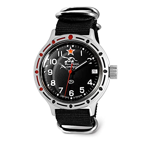 VOSTOK | Herren Tank Commander Russian Amphibian Automatik Selbstaufzug Military Style Uhr | WR 200 m | Modell 420306 Amfibia, schwarz, selbstaufziehend von VOSTOK