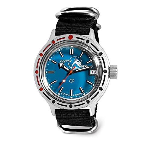 VOSTOK | Scuba Dude Amphibian Automatik Selbstaufziehende Russische Militär Taucher Armbanduhr | WR 200M | Amphibia 420 Style Case | Mode | Business | Casual Herrenuhren, Schwarzer Riemen B, von VOSTOK