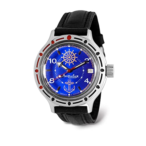 Vostok Sea Captain Amphibian Automatik-Armbanduhr mit Selbstaufzug, 40 mm, WR 200 m, Amphibia 420374, blaues Zifferblatt, mechanische Uhr, leuchtende Punkte, Schwarz Leder, Modern von VOSTOK