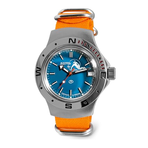 Vostok | Amphibia 060059 Scuba Dude Automatik-Armbanduhr mit Selbstaufzug, Orange/Abendrot im Zickzackmuster (Sunset Chevron), Taucher von VOSTOK