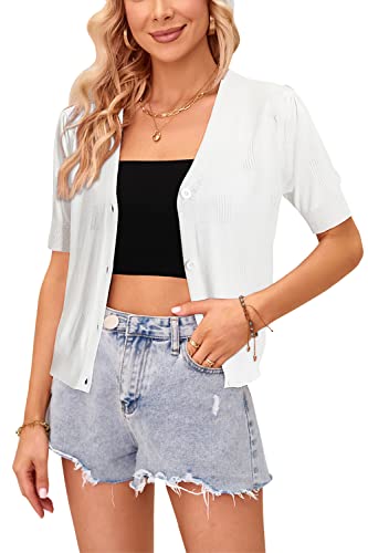 VOTEPRETTY Strickjacke Damen Kurzarm Kurz Sommer Cardigan Leicht Jersey Oberteile zum Kleid Weiß von VOTEPRETTY