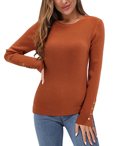 VOTEPRETTY Pullover Damen Langarm Top Rundhals Strickpullover Herbst Winter Tops((Caramel,L) von VOTEPRETTY