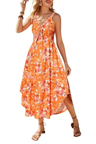 VOTEPRETTY Sommerkleid Damen Elegant Maxikleid Lang Sommer Kleid Hochzeitsgast Ärmellos Boho Strandkleid(Orange Floral,XL) von VOTEPRETTY
