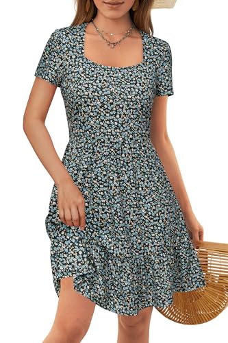 VOTEPRETTY Damen Sommerkleid Kurzarm Leicht Quadrat Ausschnitt Blumen Kleid mit Taschen Freizeit Strandkleid L von VOTEPRETTY