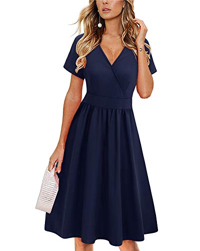 VOTEPRETTY Sommerkleid Damen Knielang Kleid Kurzarm V Ausschnitt Wickelkleid Blumen Strandkleid mit Taschen(Marine,XXL) von VOTEPRETTY