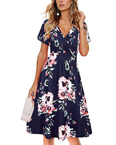 VOTEPRETTY Sommerkleid Damen Knielang Kleid Sommer V Ausschnitt Wickelkleid Kurzarm Midikleid mit Taschen von VOTEPRETTY