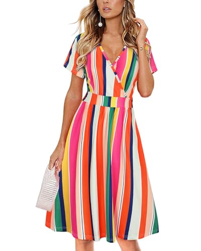 VOTEPRETTY Sommerkleid Damen Knielang Kleid Sommer V Ausschnitt Wickelkleid Kurzarm Midikleid mit Taschen von VOTEPRETTY