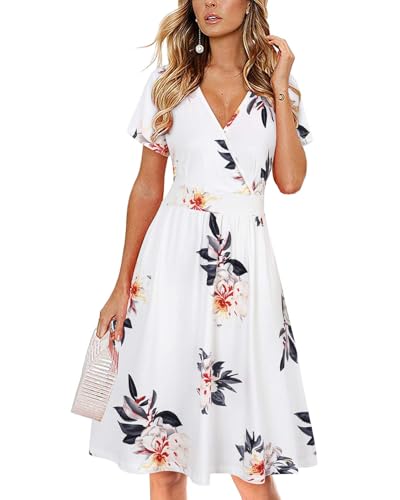 VOTEPRETTY Sommerkleid Damen Knielang Kleid Sommer V Ausschnitt Wickelkleid Kurzarm Midikleid mit Taschen von VOTEPRETTY