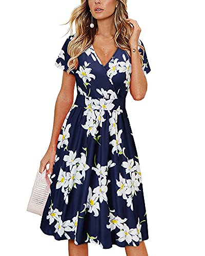 VOTEPRETTY Sommerkleid Damen Knielang Kleid Sommer V Ausschnitt Wickelkleid Kurzarm Midikleid mit Taschen von VOTEPRETTY
