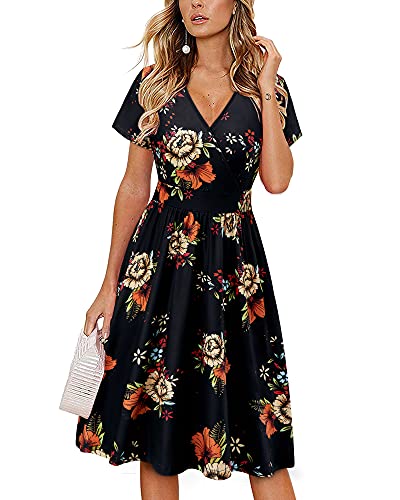 VOTEPRETTY Sommerkleid Damen Knielang Kleid Sommer V Ausschnitt Wickelkleid Kurzarm Midikleid mit Taschen von VOTEPRETTY