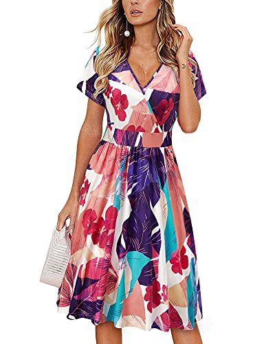 VOTEPRETTY Sommerkleid Damen Knielang Kleid Kurzarm V Ausschnitt Wickelkleid Blumen Strandkleid mit Taschen von VOTEPRETTY