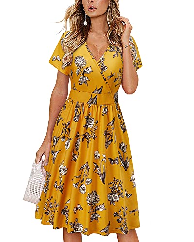 VOTEPRETTY Sommerkleid Damen Knielang Kleid Kurzarm V Ausschnitt Wickelkleid Blumen Strandkleid mit Taschen von VOTEPRETTY