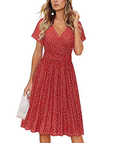 VOTEPRETTY Sommerkleid Damen Knielang Kleid Sommer V Ausschnitt Wickelkleid Kurzarm Midikleid mit Taschen von VOTEPRETTY