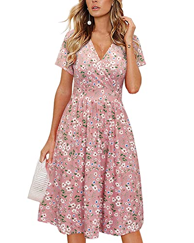 VOTEPRETTY Sommerkleid Damen Knielang Kleid Kurzarm V Ausschnitt Wickelkleid Blumen Strandkleid mit Taschen von VOTEPRETTY