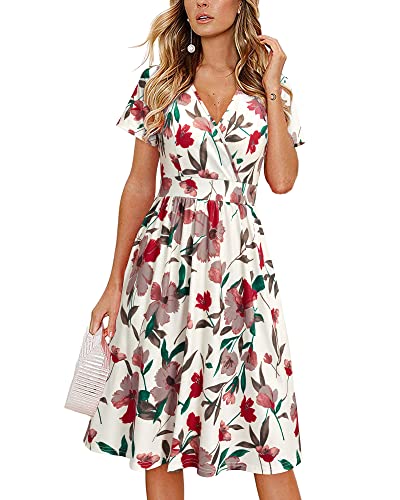 VOTEPRETTY Sommerkleid Damen Knielang Kleid Sommer V Ausschnitt Wickelkleid Kurzarm Midikleid mit Taschen von VOTEPRETTY