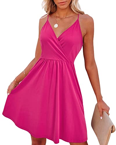 VOTEPRETTY Sommerkleid Damen Knielang Spaghettiträger Sommer Kleid Kurz Leicht V Ausschnitt Strandkleid Rose von VOTEPRETTY