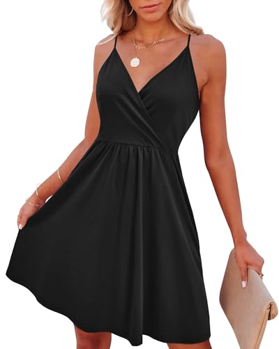 VOTEPRETTY Sommerkleid Damen Knielang Spaghettiträger Sommer Kleid Kurz Leicht V Ausschnitt Strandkleid Schwarz von VOTEPRETTY