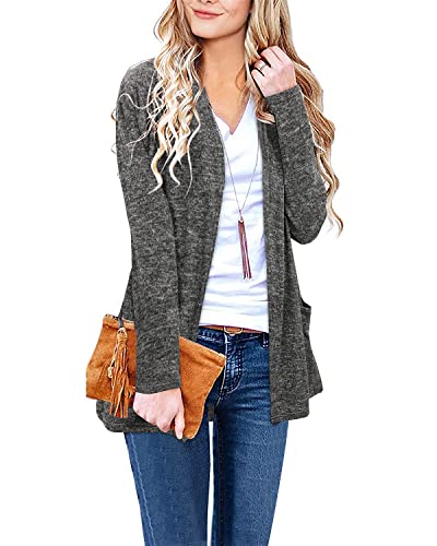 VOTEPRETTY Strickjacken Damen Leichte Langarm Cardigan mit Tasche Klassisch Casual Open Front Top (Grau,XL) von VOTEPRETTY