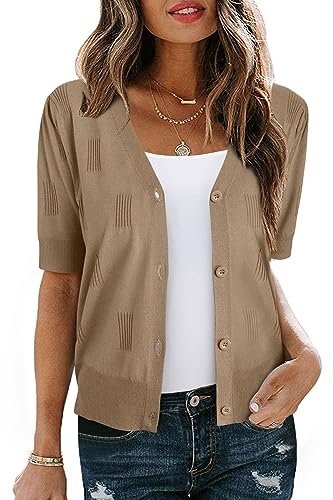 VOTEPRETTY Damen Strickjacke Sommer Kurzarm Cardigan V Ausschnitt Leichte Solid Top Elegant Bolero Shrugs (Camel,S) von VOTEPRETTY