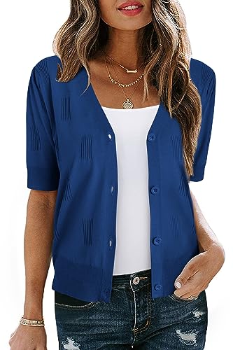 VOTEPRETTY Damen Strickjacke Sommer Kurzarm Cardigan V Ausschnitt Leichte Solid Top Elegant Bolero Shrugs (Dunkelblau,XXL) von VOTEPRETTY