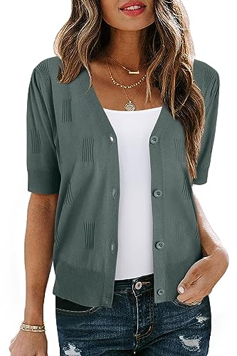 VOTEPRETTY Damen Strickjacke Sommer Kurzarm Cardigan V Ausschnitt Leichte Solid Top Elegant Bolero Shrugs (Dusty Emerald,M) von VOTEPRETTY