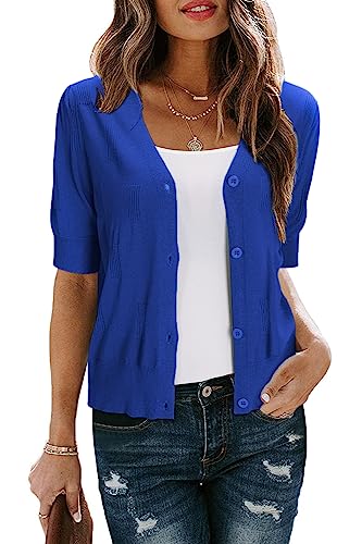 VOTEPRETTY Damen Strickjacke Sommer Kurzarm Cardigan V Ausschnitt Leichte Solid Top Elegant Bolero Shrugs (Royal Blue,M) von VOTEPRETTY