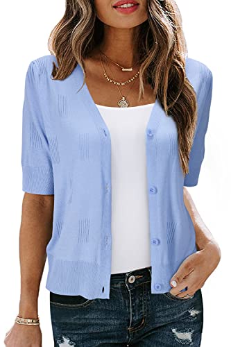 VOTEPRETTY Damen Strickjacke Sommer Kurzarm Cardigan V Ausschnitt Leichte Solid Top Elegant Bolero Shrugs (grau blau,M) von VOTEPRETTY