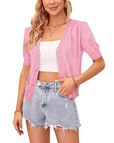VOTEPRETTY Damen Strickjacke Sommer Kurzarm Cardigan V Ausschnitt Leichte Solid Top Elegant Bolero Shrugs (rosa,S) von VOTEPRETTY