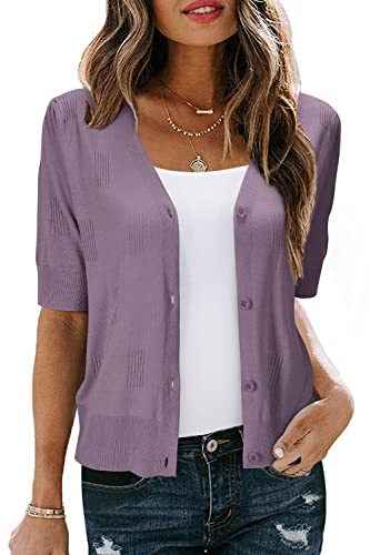 VOTEPRETTY Damen Strickjacke Sommer Kurzarm Cardigan V Ausschnitt Leichte Solid Top Elegant Bolero Shrugs (violett,L) von VOTEPRETTY