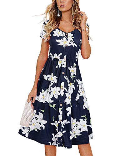 VOTEPRETTY Damen V-Ausschnitt Sommerkleid Kurzarm Floral Kleid mit Taschen(Floral01,M) von VOTEPRETTY