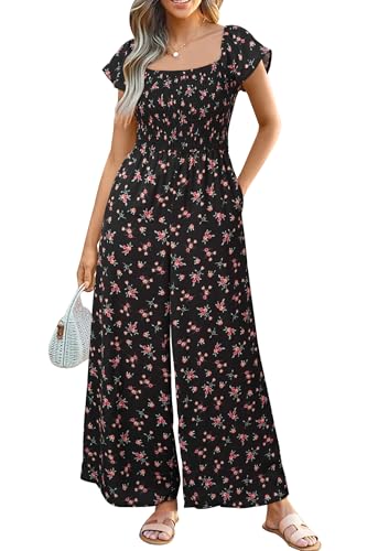 VOTEPRETTY Jumpsuit Damen Elegant Sommer Kurzarm Quadratischer Ausschnitt Overall Weites Bein Lang Outfits mit Taschen(B,S) von VOTEPRETTY