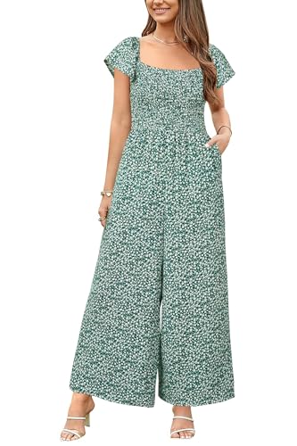 VOTEPRETTY Jumpsuit Damen Elegant Sommer Kurzarm Quadratischer Ausschnitt Overall Weites Bein Lang Outfits mit Taschen(C,S) von VOTEPRETTY