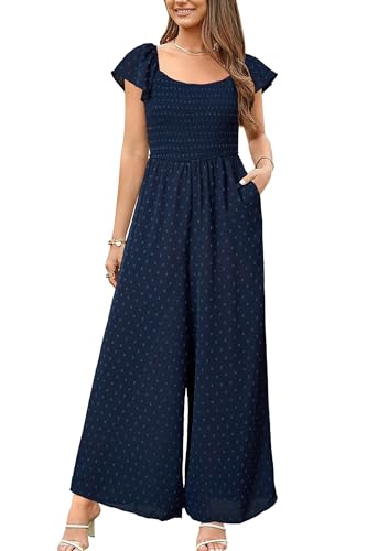 VOTEPRETTY Jumpsuit Damen Elegant Sommer Kurzarm Quadratischer Ausschnitt Overall Weites Bein Lang Outfits mit Taschen(Solid-Dunkelblau, S) von VOTEPRETTY