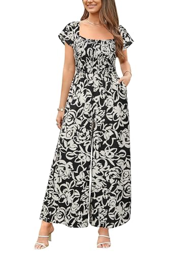VOTEPRETTY Jumpsuit Damen Elegant Sommer Kurzarm Quadratischer Ausschnitt Overall Weites Bein Lang Outfits mit Taschen (A,L) von VOTEPRETTY