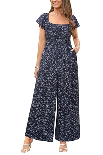 VOTEPRETTY Jumpsuit Damen Elegant Sommer Kurzarm Quadratischer Ausschnitt Overall Weites Bein Lang Outfits mit Taschen (D,M) von VOTEPRETTY
