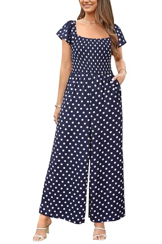 VOTEPRETTY Jumpsuit Damen Elegant Sommer Kurzarm Quadratischer Ausschnitt Overall Weites Bein Lang Outfits mit Taschen (E,M) von VOTEPRETTY