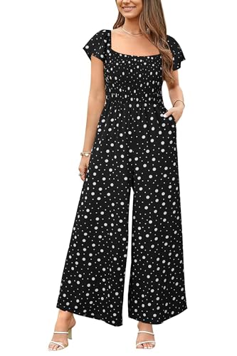 VOTEPRETTY Jumpsuit Damen Elegant Sommer Kurzarm Quadratischer Ausschnitt Overall Weites Bein Lang Outfits mit Taschen (F,L) von VOTEPRETTY
