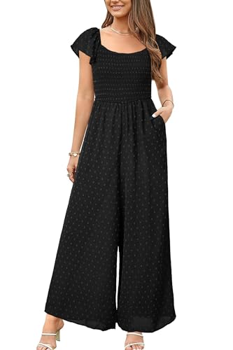 VOTEPRETTY Jumpsuit Damen Elegant Sommer Kurzarm Quadratischer Ausschnitt Overall Weites Bein Lang Outfits mit Taschen (Solid-Schwarz,L) von VOTEPRETTY