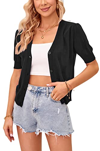 VOTEPRETTY Damen Strickjacke Sommer Kurzarm Schwarz Cardigan V Ausschnitt Leichte Solid Top Elegant Bolero Shrugs (Schwarz,S) von VOTEPRETTY