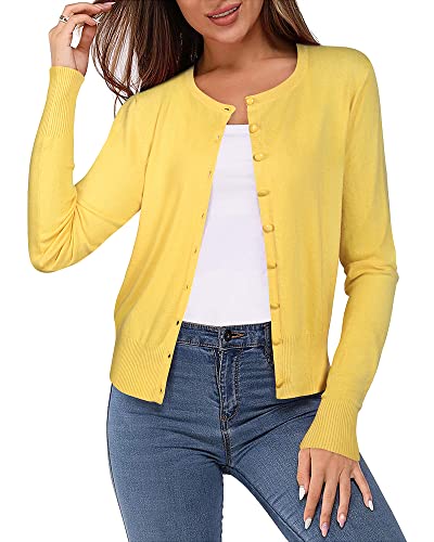 VOTEPRETTY Strickjacke Damen Leichte Cardigan Kurz Rundhals Strickjacken Langarm Strickmantel mit Knöpfe Gelb von VOTEPRETTY
