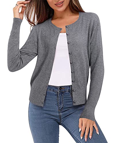 VOTEPRETTY Strickjacke Damen Leichte Cardigan Kurz Rundhals Strickjacken Langarm Strickmantel mit Knöpfe Grau von VOTEPRETTY