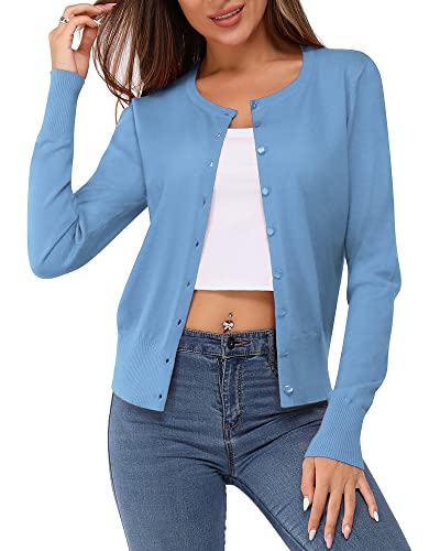 VOTEPRETTY Strickjacke Damen Leichte Cardigan Kurz Rundhals Strickjacken Langarm Strickmantel mit Knöpfe Grau Blau von VOTEPRETTY