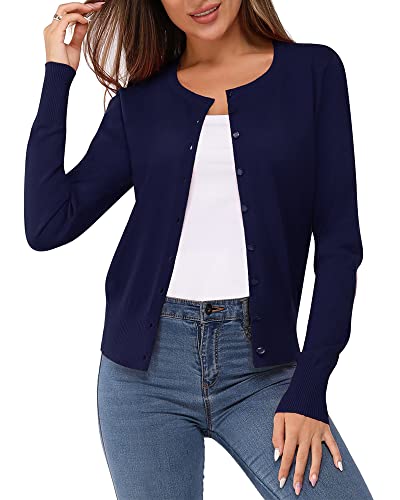 VOTEPRETTY Strickjacke Damen Kurz Sommer Cardigan Leicht Langarm Jersey Strickmantel Herbst Marine von VOTEPRETTY