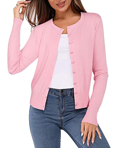 VOTEPRETTY Strickjacke Damen Kurz Sommer Cardigan Leicht Langarm Jersey Strickmantel Herbst Rosa von VOTEPRETTY